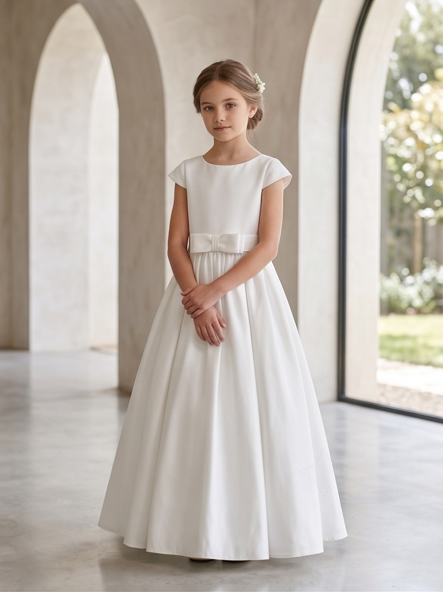 Young girl in a white dress standing in a room with arched doorways.