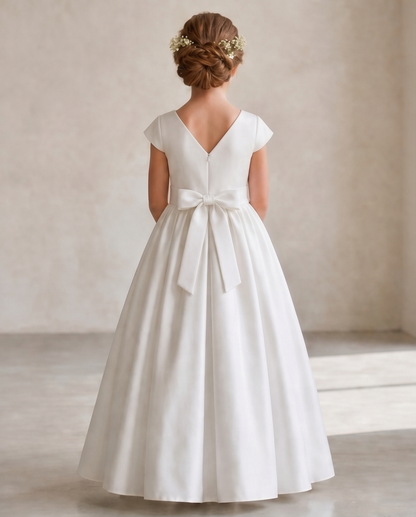 White dress with a bow detail on a plain background