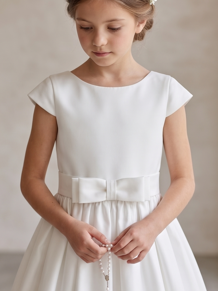 Young girl wearing a white dress with a bow detail on a plain background