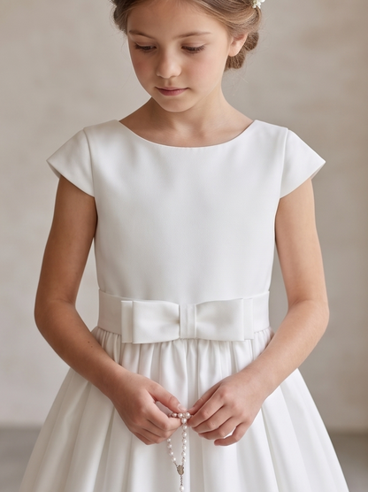 Young girl wearing a white dress with a bow detail on a plain background