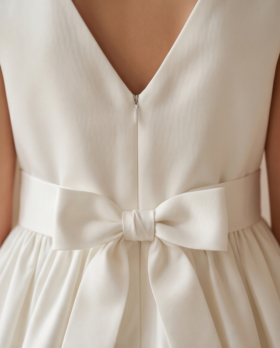 Close-up of a white dress with a bow detail on a blurred background