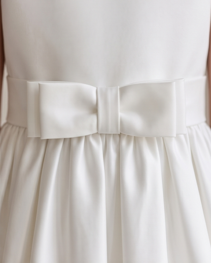 White dress with a large bow detail on a plain background