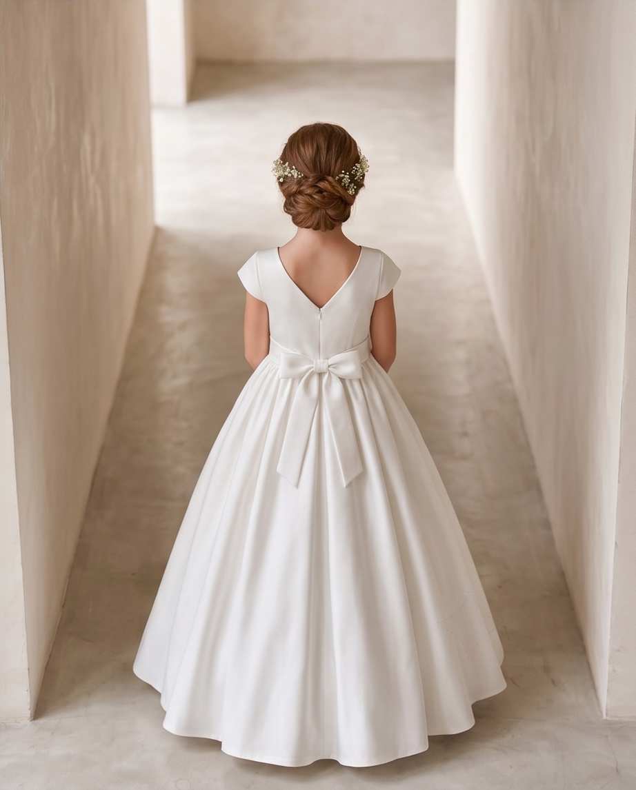 Woman in a white dress standing in a softly lit room with neutral walls.