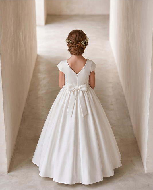 Woman in a white dress standing in a softly lit room with neutral walls.