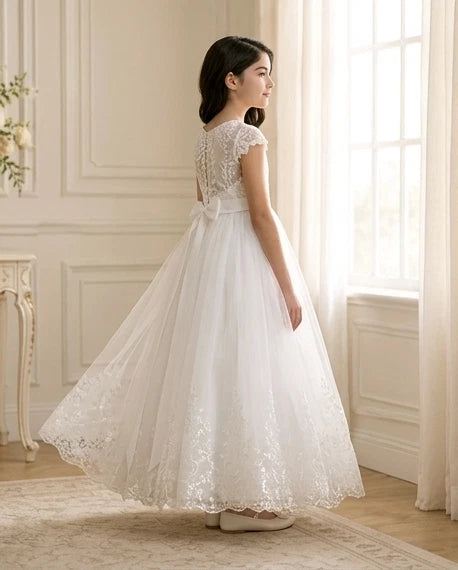 Girl in a white lace dress standing in a elegant room with light-colored walls and wooden floor.